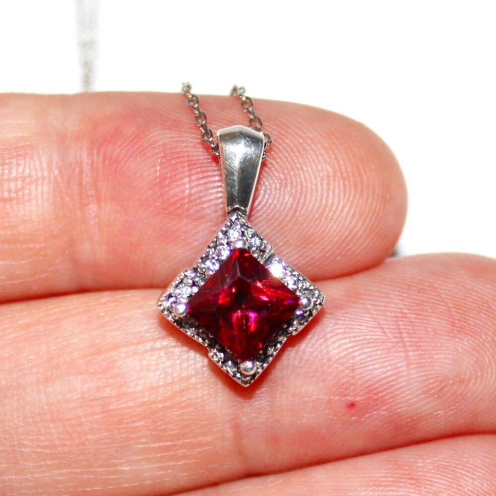 Sterling Silver Dark Reddish Pink Cubic Zirconia Minimalist Necklace - Picture 6 of 6